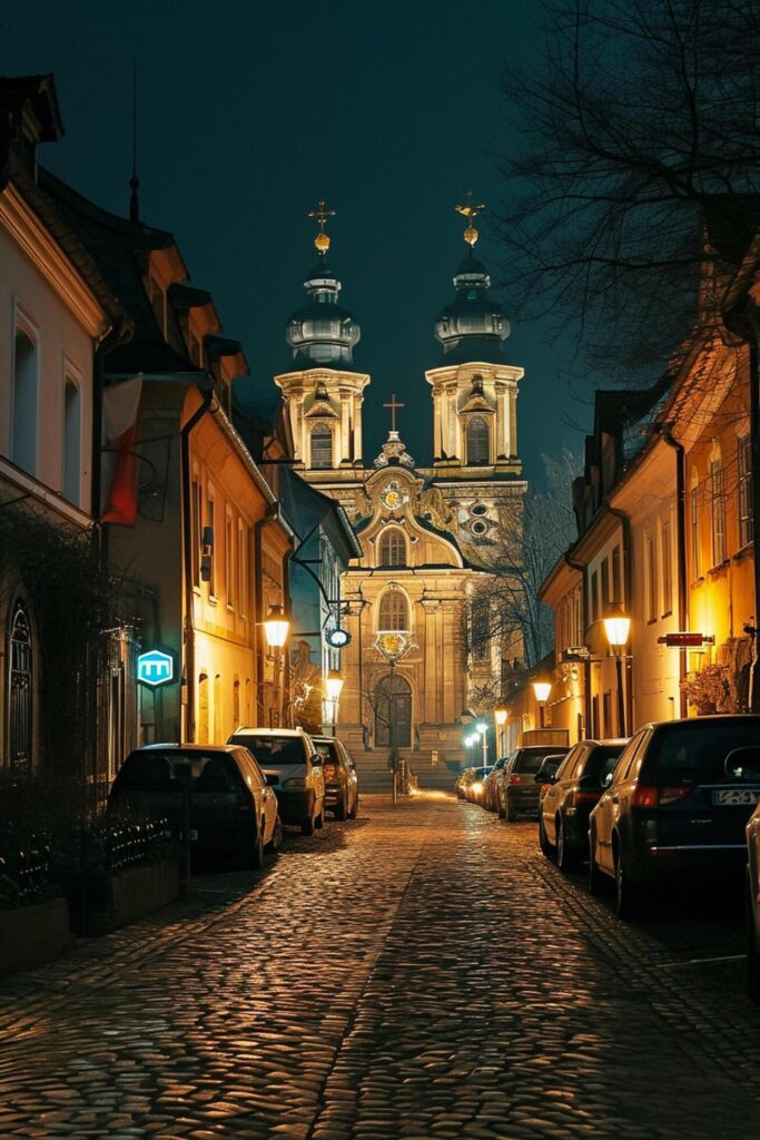 image of beautifully illuminated baroque style church, nestled between classic architectural buildings on cobblestone street at night Ai Generated Free Photo