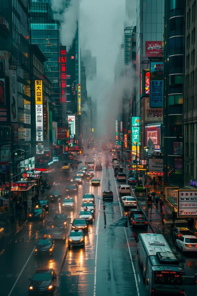 image of city street on rainy day. Buildings landscape, The road should be wet and reflect the lights from numerous vehicle including cars and truck Ai Generated Free Photo