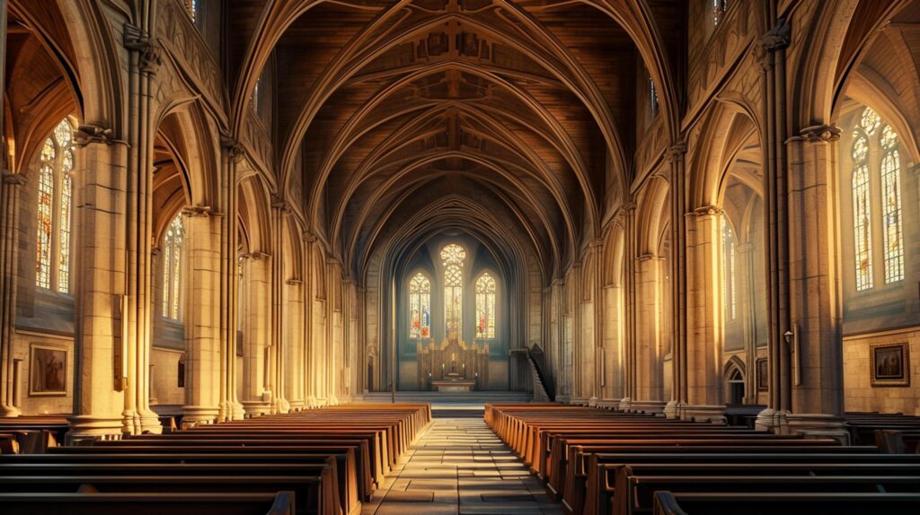 image of grand cathedral interior with towering stone arches. wood pews should be aligned Ai Generated Free Photo