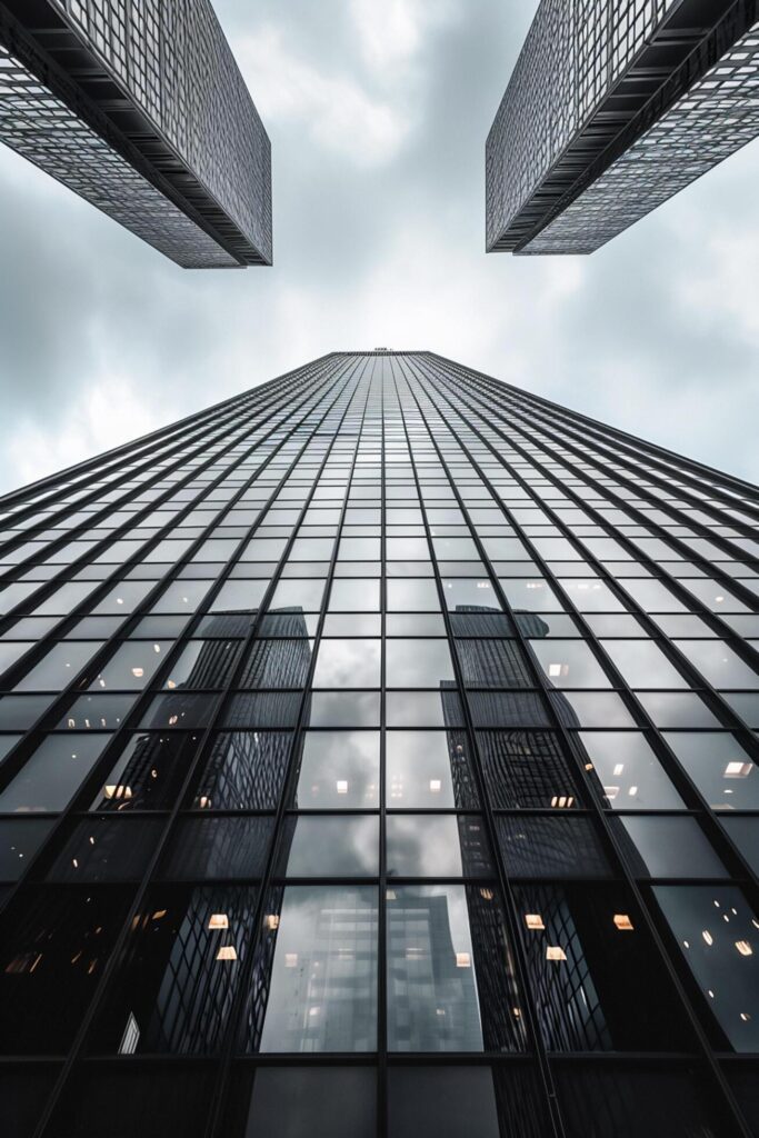 image shows tall skyscraper reaching into an overcast sky. The building is constructed with reflective glass panels that mirror the surrounding buildings and sky Ai Generated Free Photo