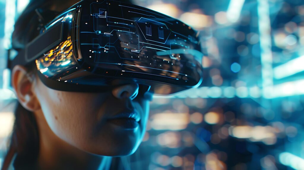 Immersive Future Woman in VR Goggles Amidst Colorful Digital Graphics Free Photo