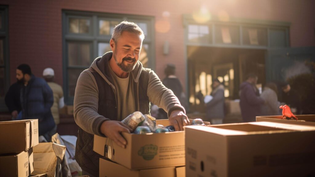 In the heart of a bustling community center, a mature man clad in a worn-out sweater sifts through boxes of donated food and water Free Photo