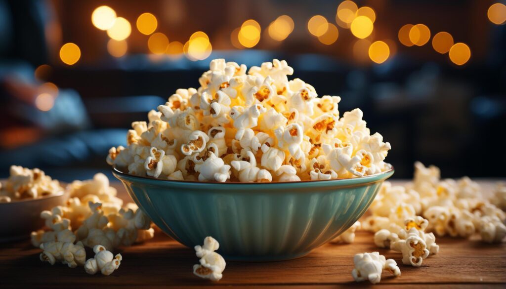 Indulgence in sweet, fluffy popcorn at movie theater generated by AI Free Photo