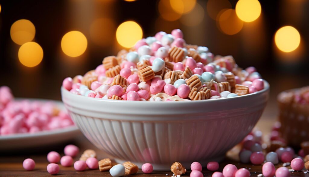 Indulgent candy bowl, a sweet temptation for birthday celebration generated by AI Free Photo