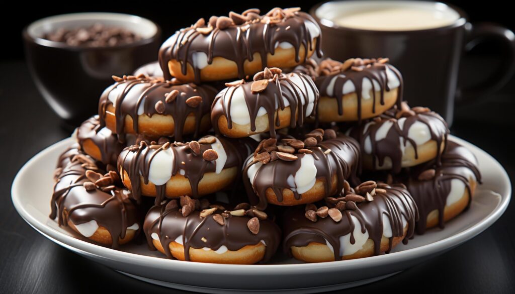 Indulgent dessert dark chocolate donut with creamy chocolate icing generated by AI Free Photo