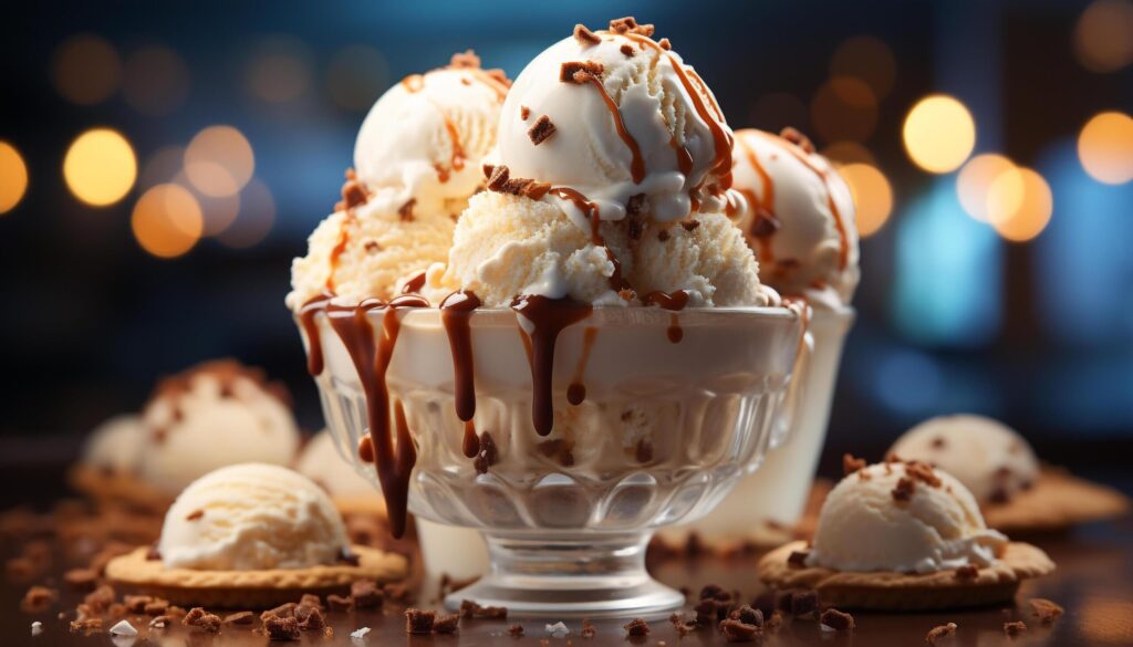 Indulgent dessert ice cream sundae with chocolate, whipped cream, and fruit generated by AI Free Photo