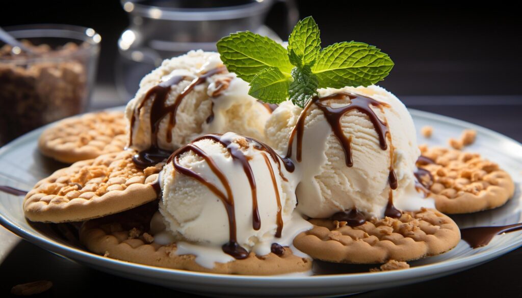 Indulgent gourmet dessert chocolate ice cream with whipped cream generated by AI Free Photo