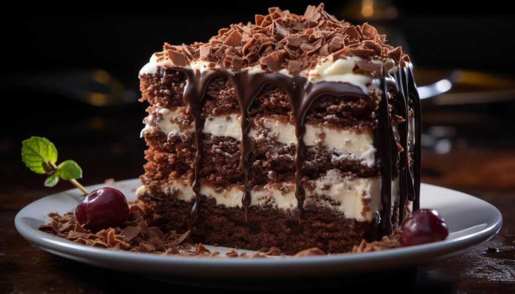 Indulgent homemade chocolate cake with fresh fruit and whipped cream generated by AI Free Photo