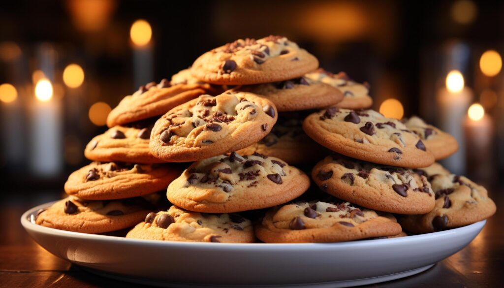 Indulgent homemade chocolate chip cookies on rustic wooden table generated by AI Free Photo