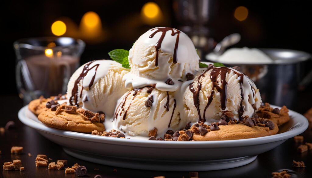 Indulgent homemade chocolate ice cream on rustic wooden table generated by AI Free Photo