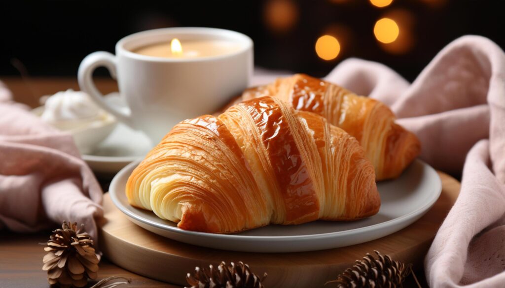 Indulgent homemade croissant, fresh coffee, rustic table, cozy winter celebration generated by AI Free Photo