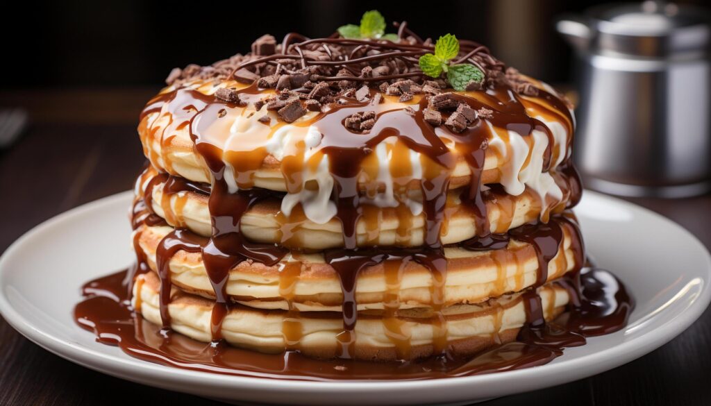 Indulgent homemade dessert chocolate pancake stack with whipped cream generated by AI Free Photo