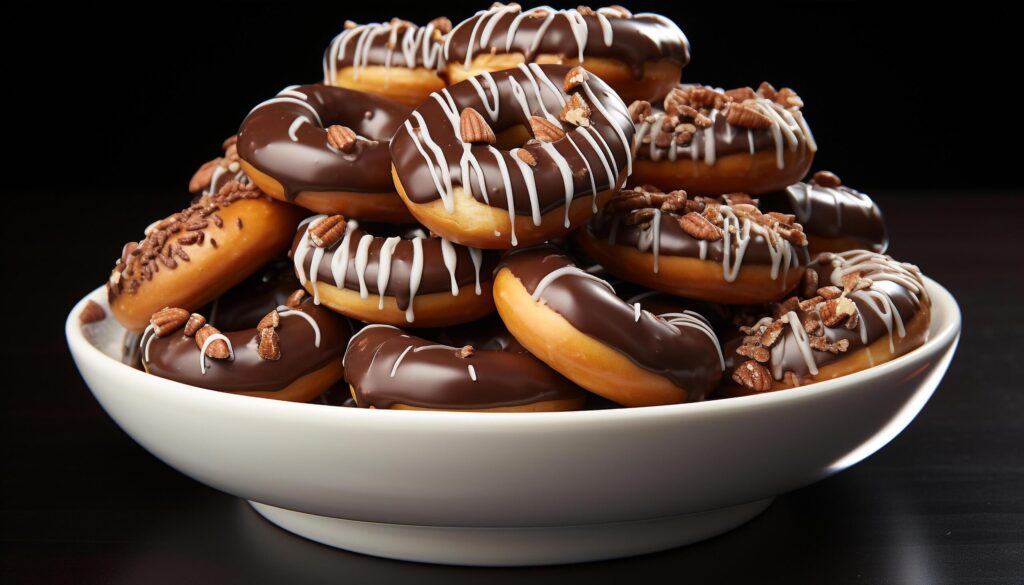 Indulgent homemade dessert dark chocolate donut on a plate generated by AI Free Photo