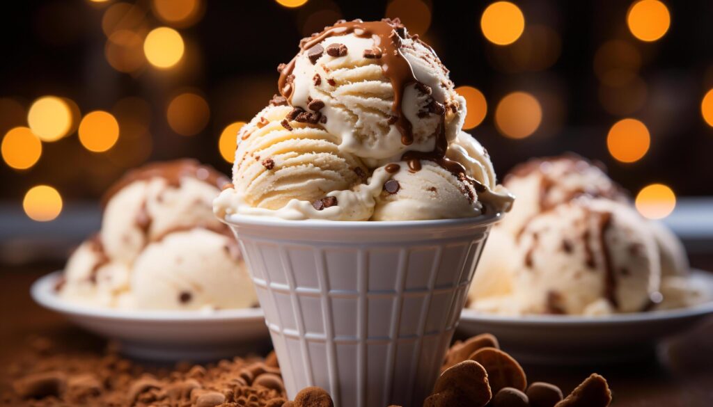 Indulgent homemade ice cream sundae on wooden table generated by AI Free Photo