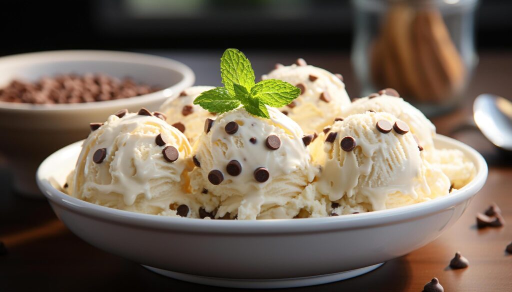 Indulgent homemade ice cream sundae on wooden table, refreshing and sweet generated by AI Free Photo