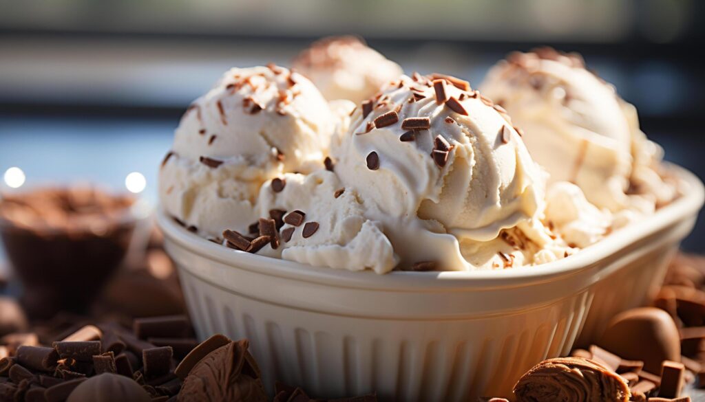 Indulgent ice cream sundae with chocolate, fruit, and whipped cream generated by AI Free Photo