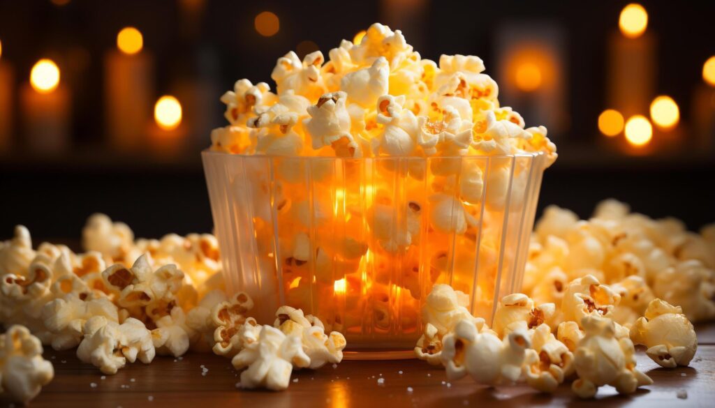 Indulgent movie night popcorn, candy, and glowing candlelight generated by AI Free Photo