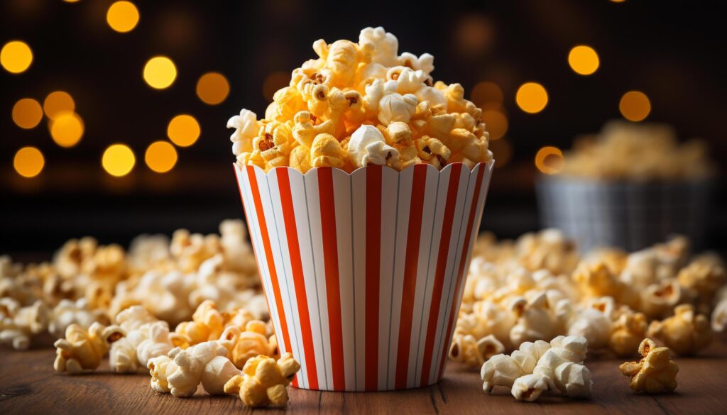 Indulgent movie snack fluffy popcorn in yellow striped bucket generated by AI Free Photo