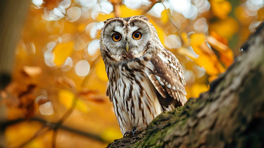 Intense Gaze of a Forest Owl Amid Autumn Leaves Free Photo