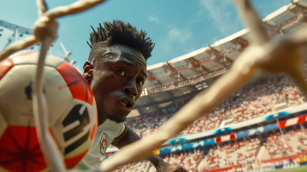 Intense Midair Soccer Kick Captured with 200mm Telephoto Lens Amid Cheering Fans Free Photo