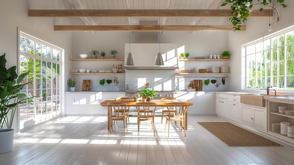 interior bright spacious and modern farmhouse style kitchen design Free Photo