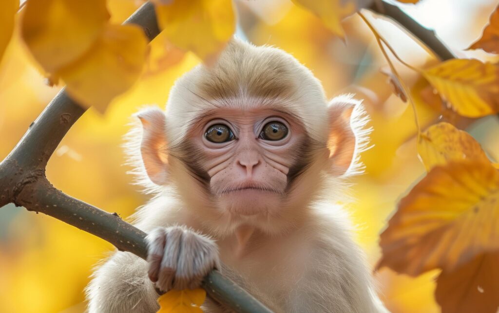 Intrigued Monkey Observing Through Leaves of Autumn Free Photo