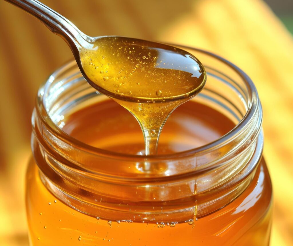 jar of honey with a spoon stuck in Free Photo