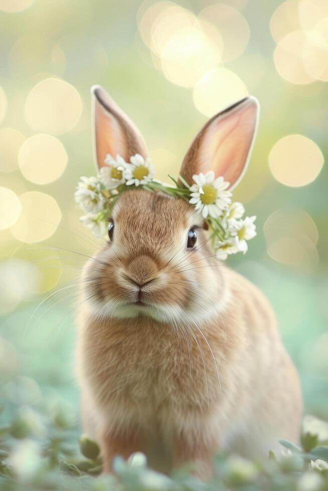 AI generated Joyful Brown Rabbit with Meadow Flower Crown on Bokeh Background. A Whimsical Portrait of Cuteness for Easter Bunny Festival. Stock Free