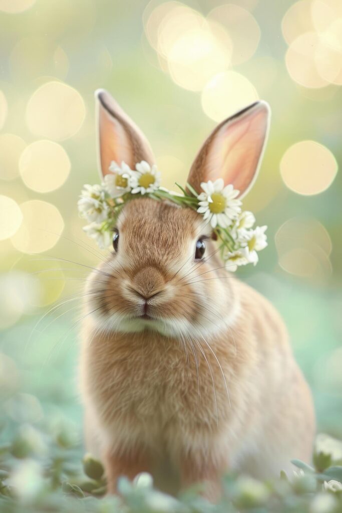 Joyful Brown Rabbit with Meadow Flower Crown on Bokeh Background. A Whimsical Portrait of Cuteness for Easter Bunny Festival. Free Photo