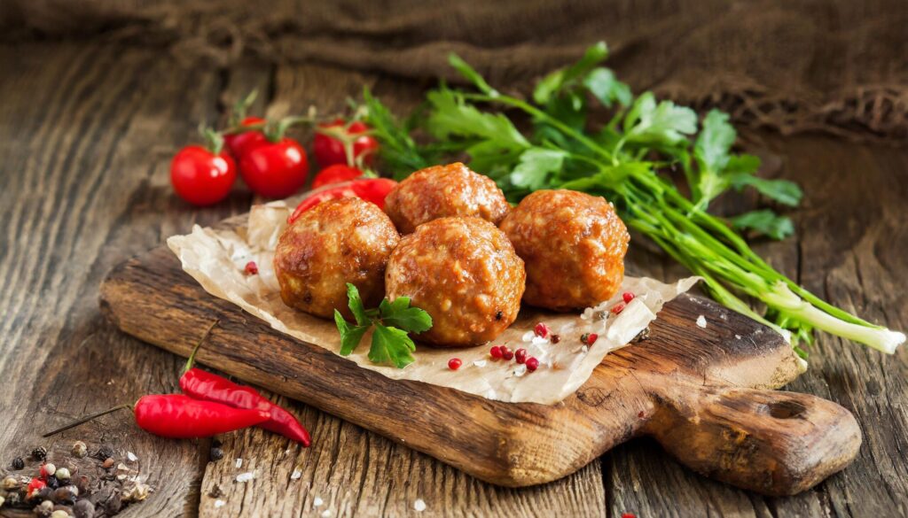 Juicy meatballs on a wooden base Free Photo