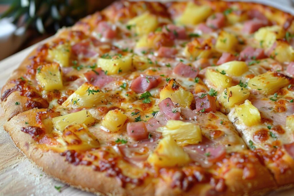 Just baked Hawaiian pizza with pineapple and ham on wooden board Free Photo