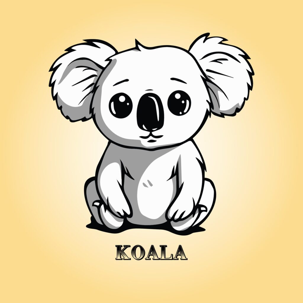 Koala Cartoon is a sitting vector illustration in black and white Free Vector