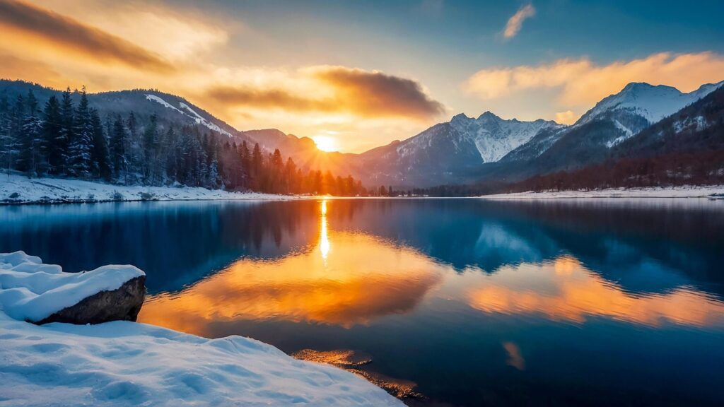 lake and mountain Beautiful colorful scenery sunset. Free Photo