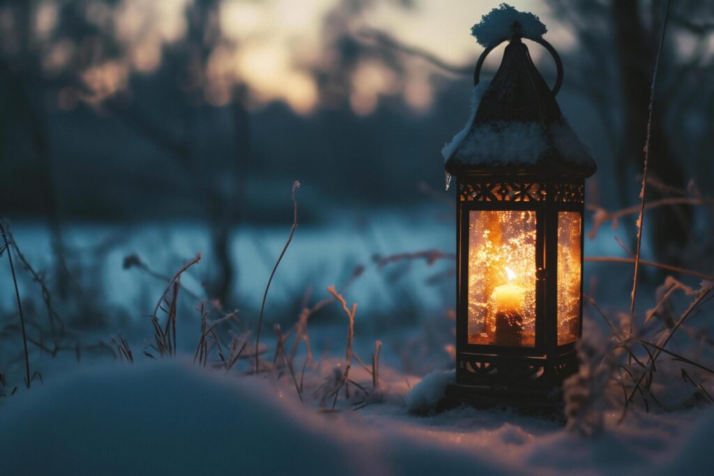 Lantern in the snow at sunset. Beautiful winter landscape. Free Photo