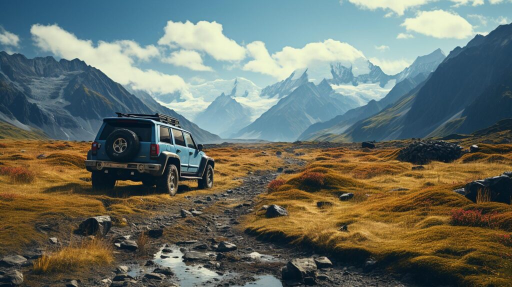 Large car parked on dirt road among the mountain and meadow on sunny day in summer Free Photo