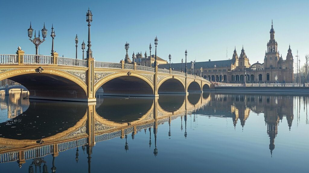 large, elegant stone bridge with multiple arches spanning across calm river Ai generated Free Photo