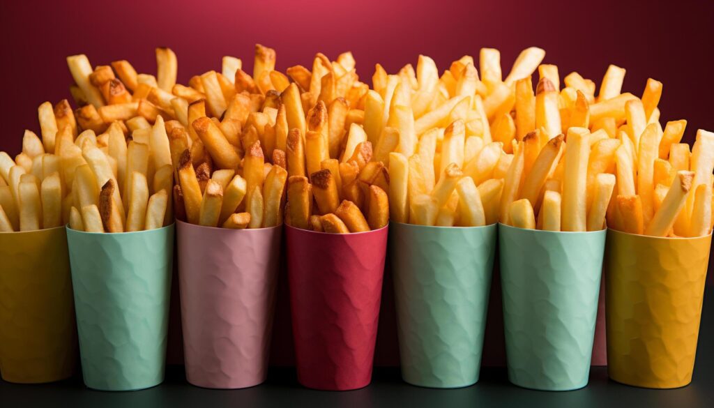 Large group of fresh, crunchy French fries in a yellow packet generated by AI Free Photo