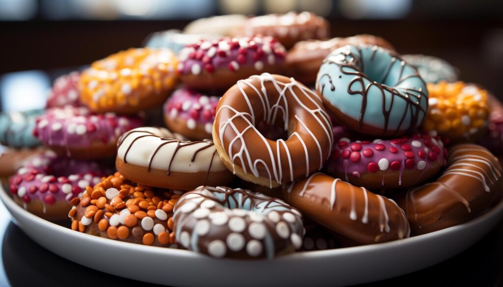 Large group of homemade donuts, a sweet temptation on wood table generated by AI Free Photo