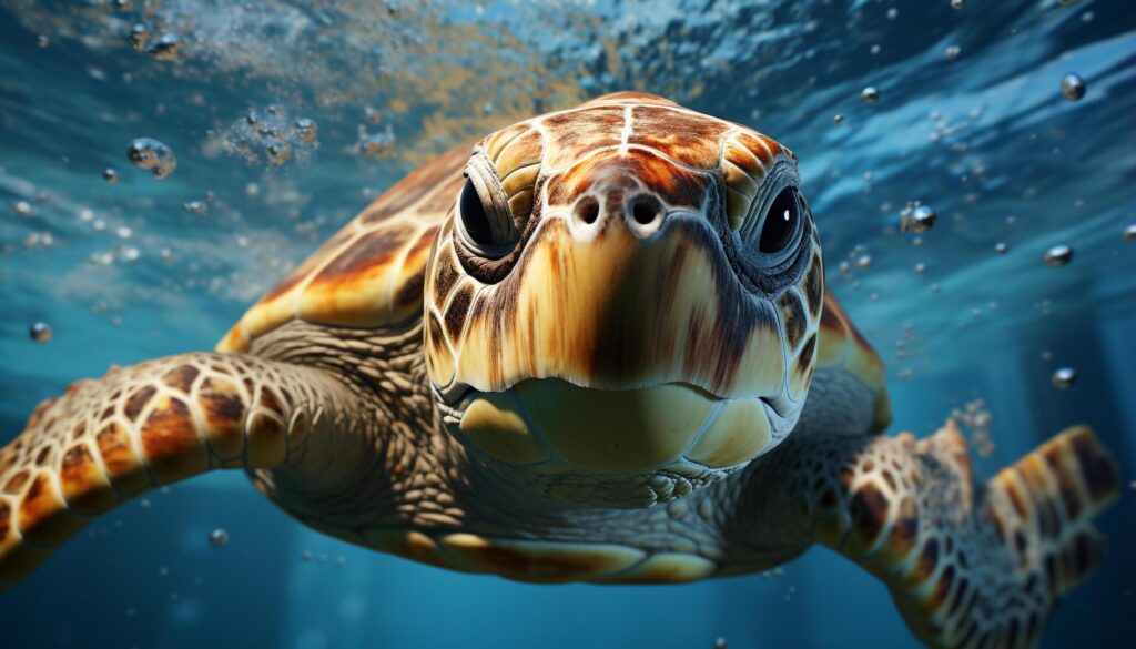 Large sea turtle swimming underwater, looking at camera generated by AI Free Photo