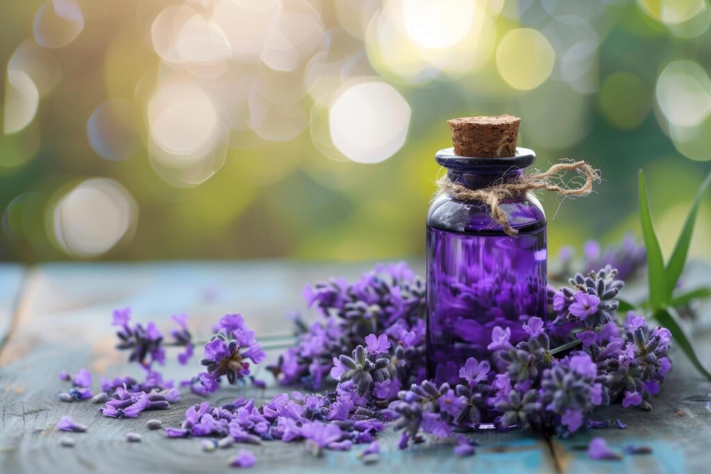 Lavender Oil Bottle with Natural Backdrop Free Photo