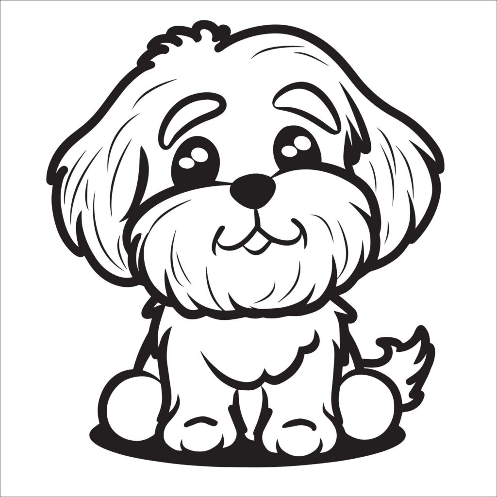 Lhasa Apso Dog is a sitting vector illustration in black and white Free Vector