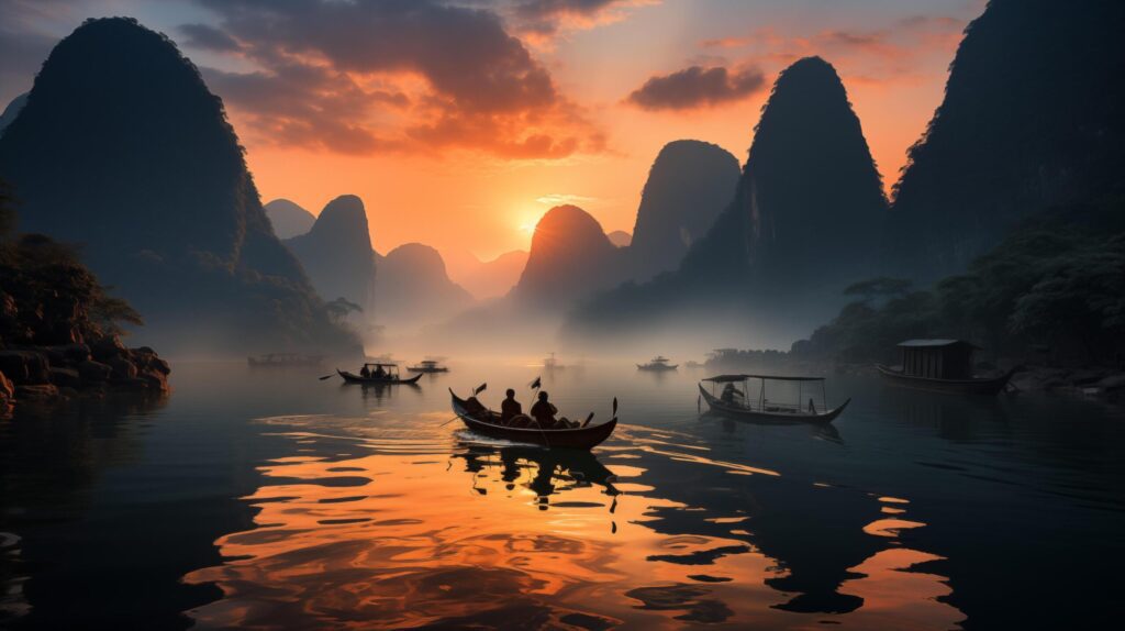 Li River, China. Limestone mountains in the misty morning. Free Photo