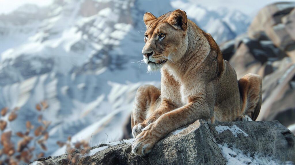 lion in a marvel of nature creation, revealed in a harmonious union with wintery surroundings Free Photo