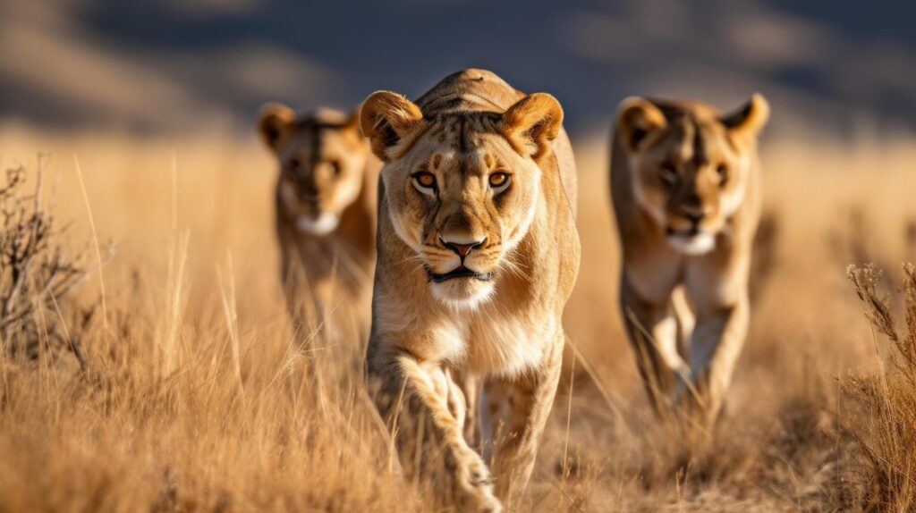 Lions on the prowl in the grasslands Free Photo