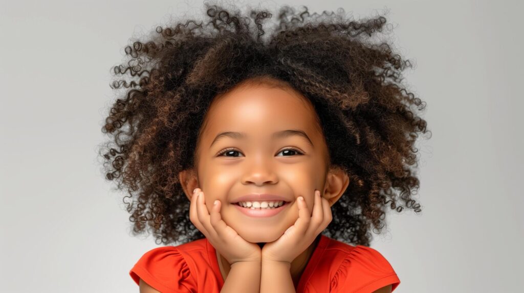 Little African American girl with curly hair and a cheerful smile. Perfect for childrens products, family related content, or lifestyle blogs and websites. Free Photo