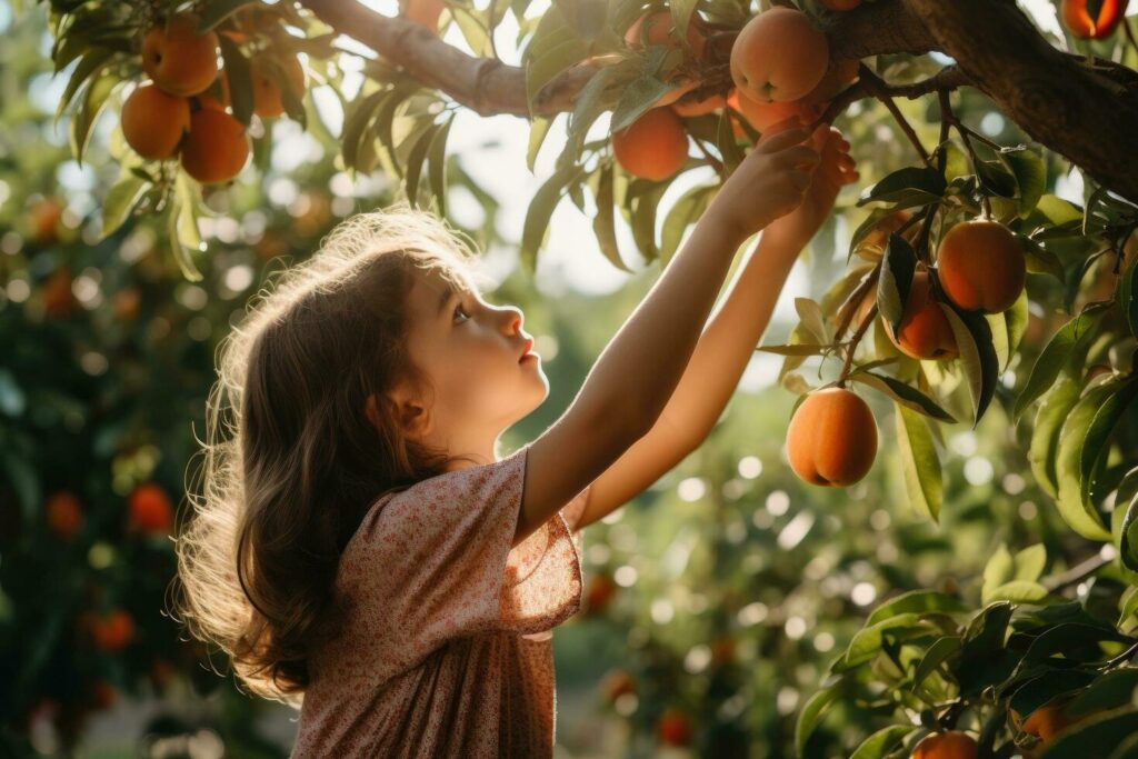 AI generated Little girl picking fresh tangerines in the orchard. Healthy nutrition and lifestyle concept, A child reaching for an organic peach on a tree, AI Generated Stock Free