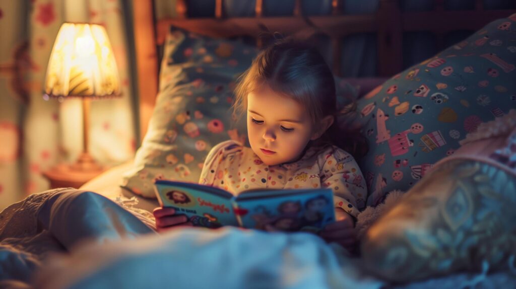 little girl reading in bed, night light glowing. Perfect for bedtime stories, reading promotion, childhood education materials, or cozy night scenes. Free Photo