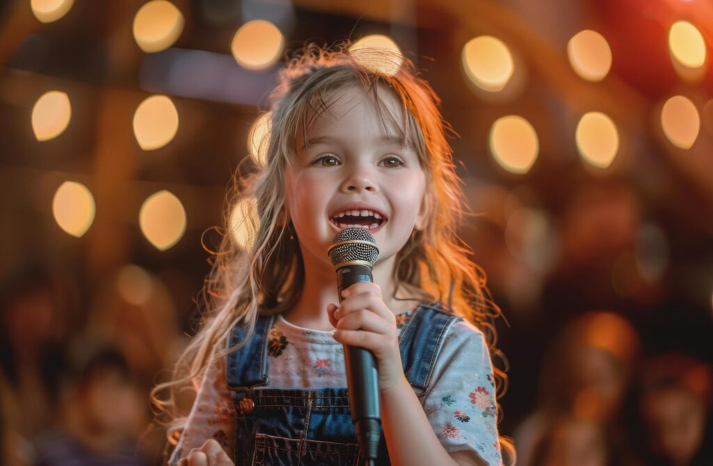 Little Girl Singing Into Microphone Free Photo