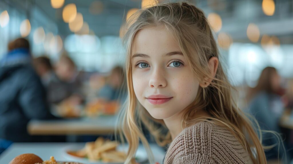 Little Girl Sitting at Table With Plate of Food Free Photo