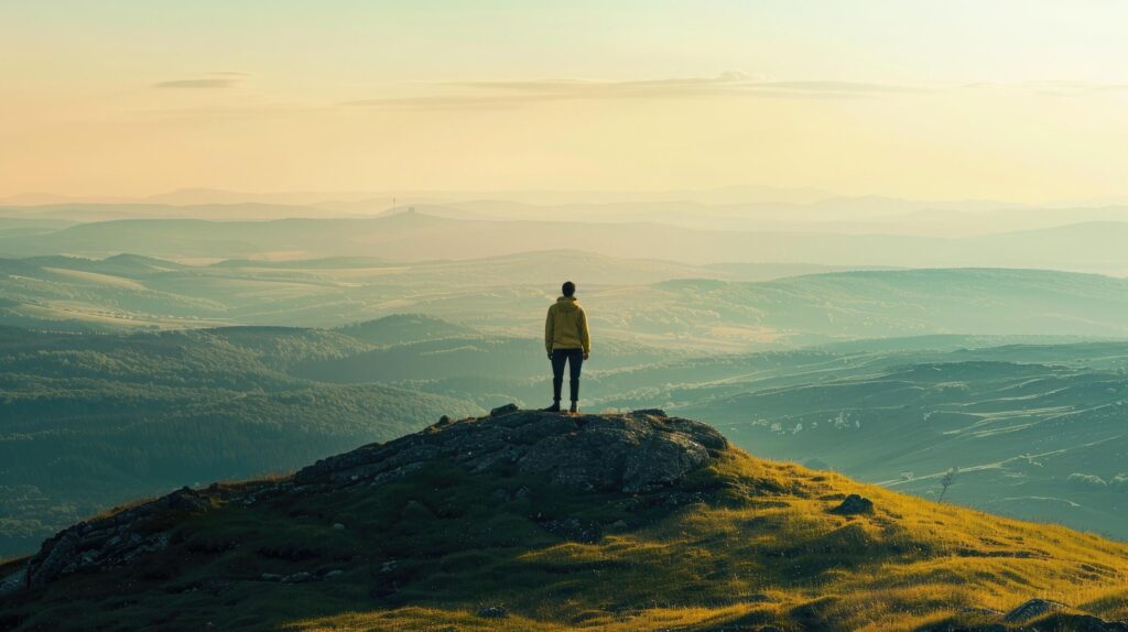 Lone adventurer stands on a mountain peak at sunset, overlooking a vast landscape Free Photo